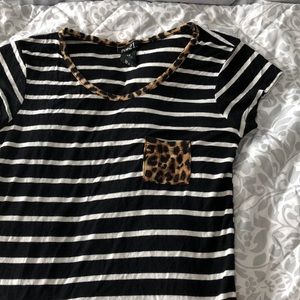 Black and white stripe top with leopard pocket